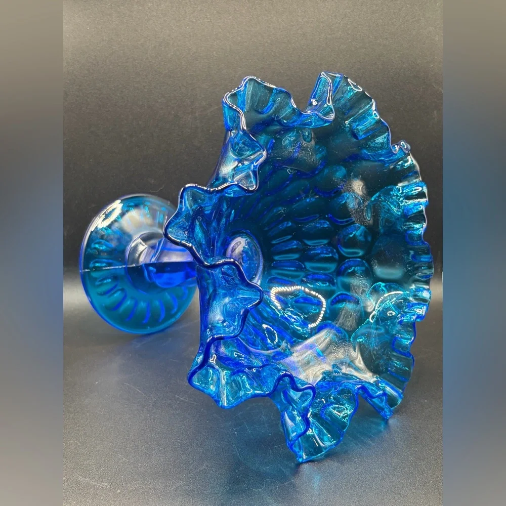 Vintage Fenton Blue Ruffle Thumbprint Glass Pedestal Candy Dish Compote Tazza